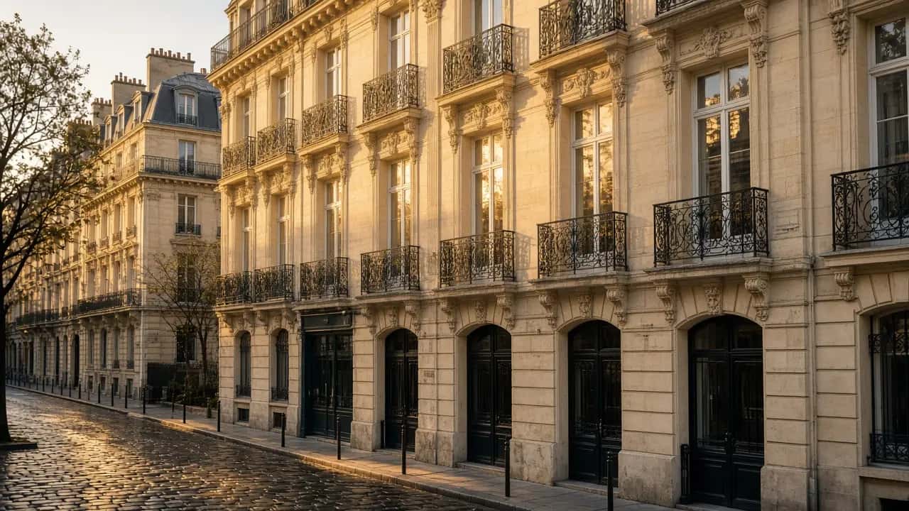 Immeuble parisien en fin d’après-midi, façade claire et balcons en fer forgé.