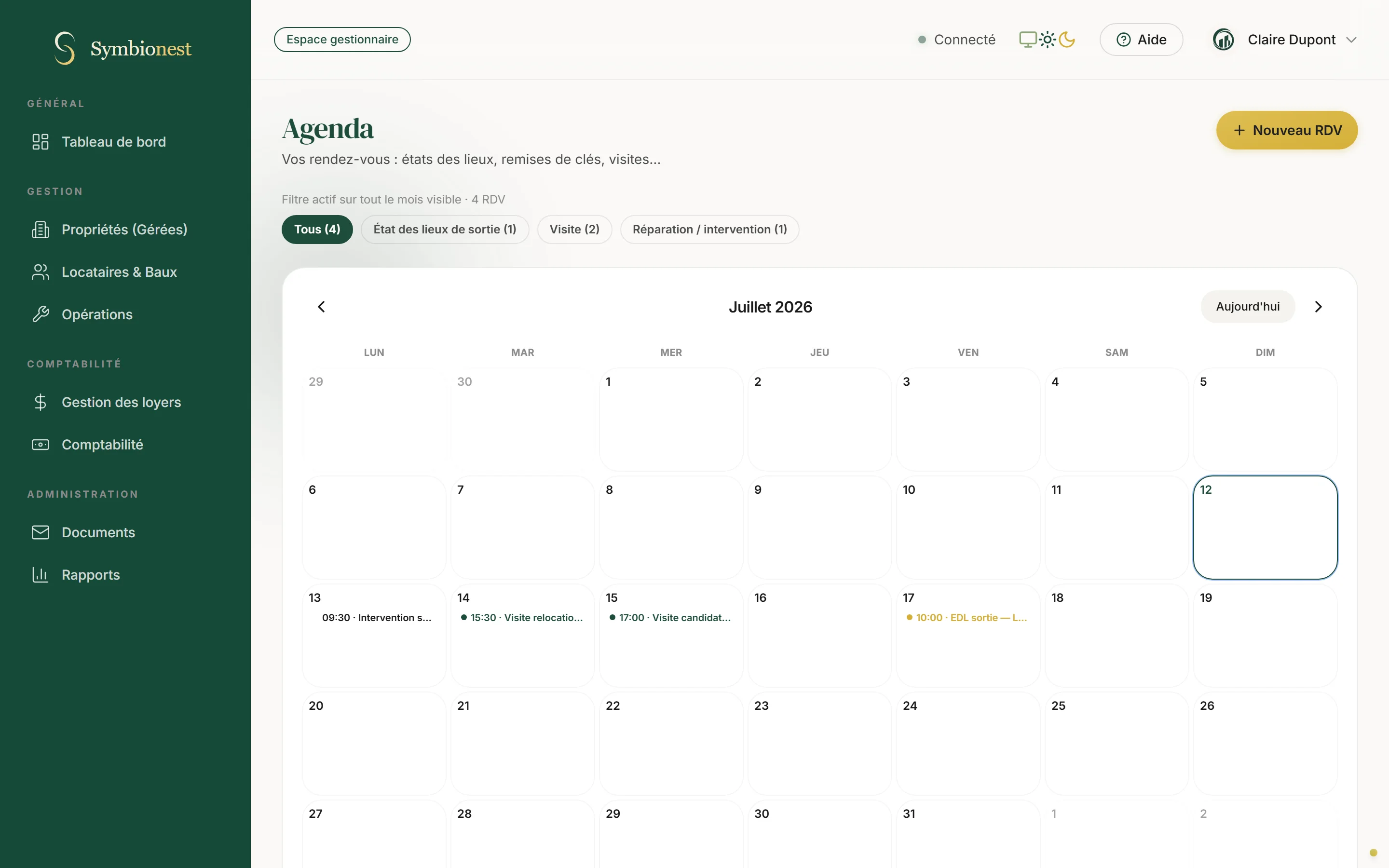 Agenda Symbionest : états des lieux, visites et interventions planifiées