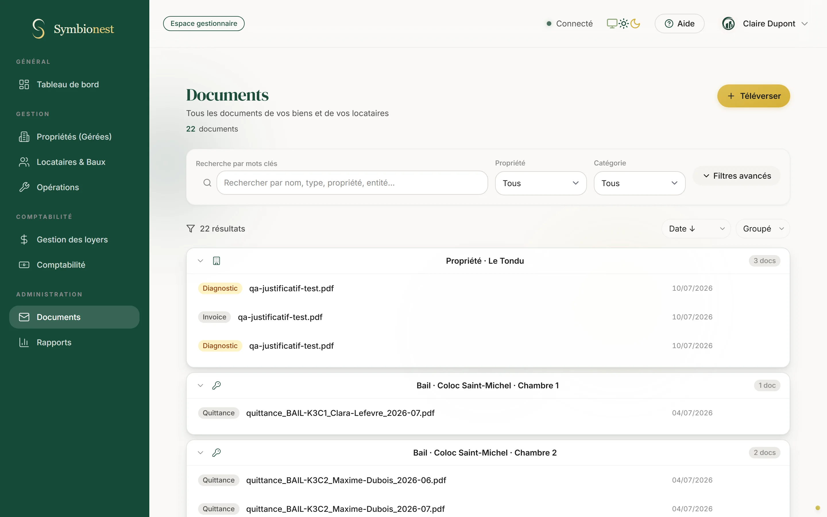 Documents Symbionest en vue groupée par propriété