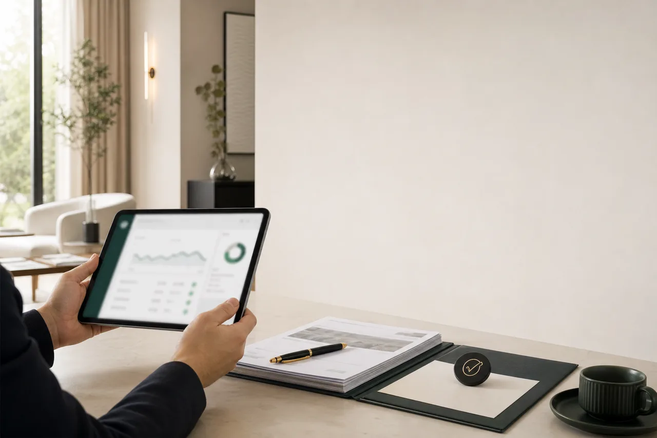 Un bailleur consulte son tableau de bord Symbionest sur tablette.
