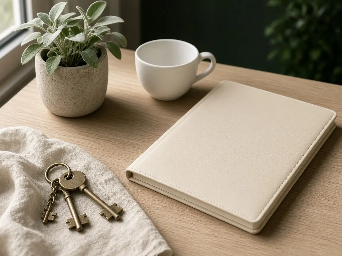 Clés, dossier fermé et plante sur un bureau en bois clair.