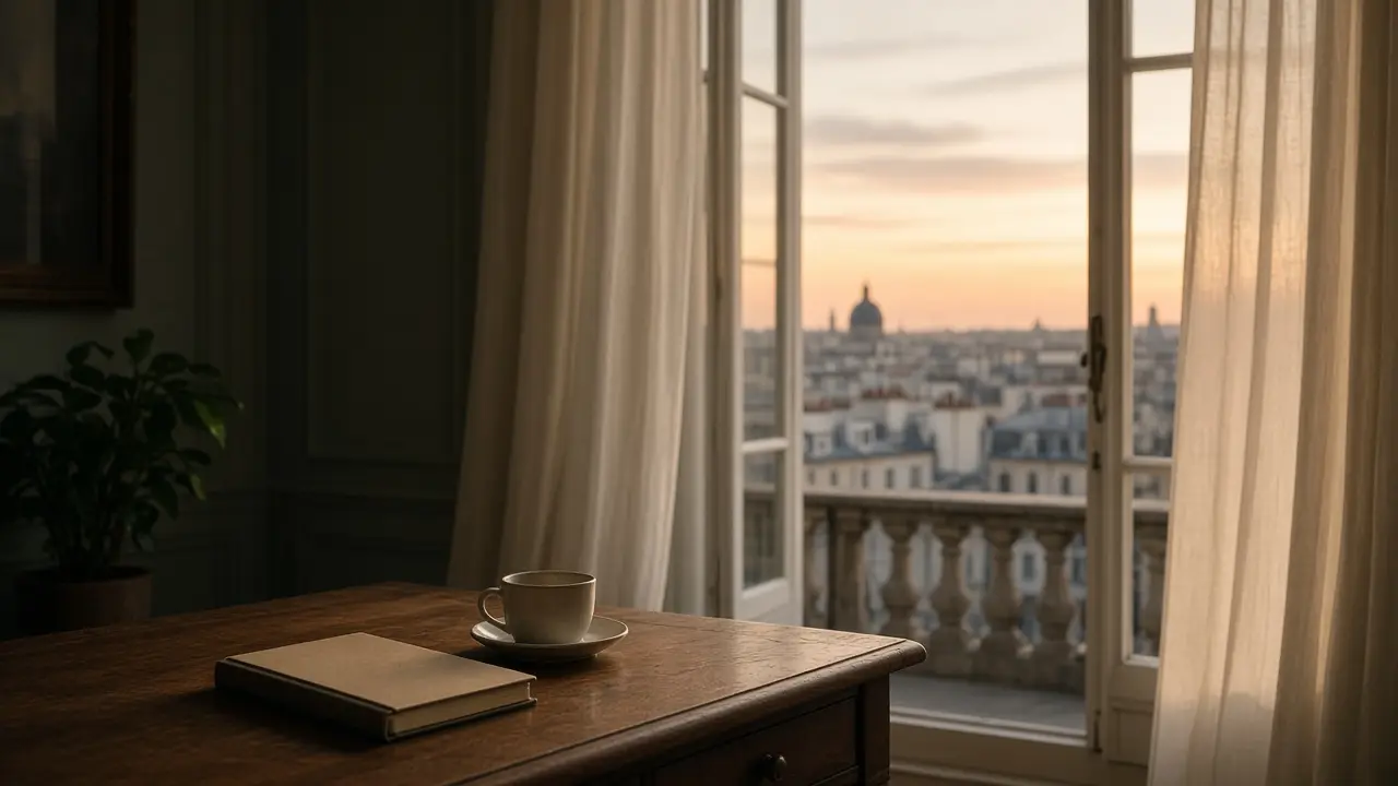 Fenêtre donnant sur la ville au crépuscule, bureau calme au premier plan.