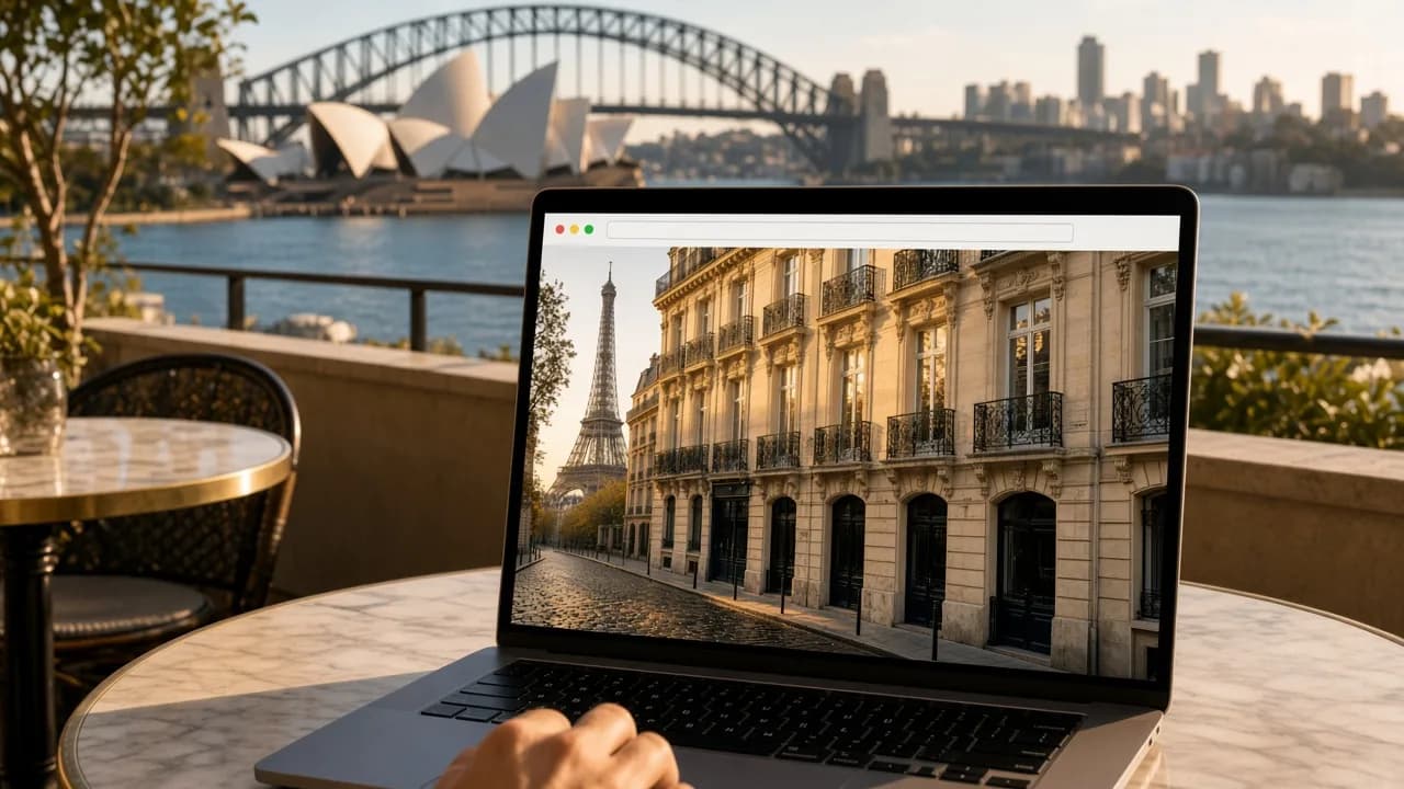 Ordinateur à Sydney : un immeuble parisien et la tour Eiffel s’affichent à l’écran.